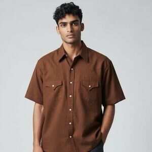 Vintage Western Plains Trading Co Mens XL Brown Pearl Snap Shirt Short Sleeve